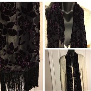 Velvet Burnout Fringed Scarf Purple Black Boho